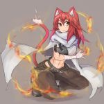  1girl abs animal_ears bandaged_arm belt boots cape cat_ears cat_tail chain fire long_hair orange_eyes original redhead ryota_tentei solo tail 