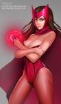  1girl badcompzero breasts brown_hair cape cleavage grey_background long_hair marvel scarlet_witch signature simple_background solo thighs x-men yellow_eyes 