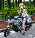  1girl 2016 bakuon!! blonde_hair blush breasts dated guard_rail headwear_removed helmet helmet_removed highres large_breasts motor_vehicle motorcycle nihility pink_legwear plant school_uniform smile solo suzunoki_rin thigh-highs tree twintails uniform vehicle yellow_eyes 