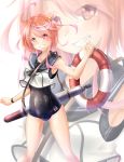  1girl cosplay crop_top grin highres i-58_(kantai_collection) kantai_collection lifebuoy pink_eyes red_eyes ro-500_(kantai_collection) ro-500_(kantai_collection)_(cosplay) sailor_collar school_swimsuit seiya_(iiseven) short_hair smile solo standing swimsuit swimsuit_under_clothes torpedo zoom_layer 