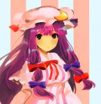  1girl blue_ribbon bow crescent crescent_hair_ornament frills hair_ornament hair_ribbon hat hat_ribbon highres long_hair long_sleeves mob_cap pajamas patchouli_knowledge purple_hair red_bow red_ribbon ribbon shin_(a_co_ro) simple_background sketch solo striped striped_background touhou tress_ribbon 