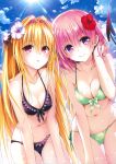  2girls absurdres bare_shoulders bikini black_bikini blonde_hair breasts cleavage demon_tail flower frilled_bikini frills front-tie_top green_bikini hair_flower hair_intakes hair_ornament hair_tucking hibiscus highres konjiki_no_yami leaning_forward long_hair looking_at_viewer momo_velia_deviluke multiple_girls navel official_art parted_lips pink_eyes pink_hair scan shiny shiny_skin short_hair side-tie_bikini skindentation smile swimsuit tail thigh_gap to_love-ru to_love-ru_darkness twintails two_side_up very_long_hair violet_eyes wet wet_hair yabuki_kentarou 