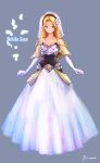  1girl armor bare_shoulders bibiko blonde_hair blue_eyes breastplate dress feathers flower grey_background league_of_legends long_gloves luxanna_crownguard riot_games simple_background solo veil wedding_dress 