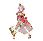  1girl alternate_costume breasts cleavage crown detached_sleeves hair_ornament hammer hand_on_hip highres holding holding_weapon lisbeth looking_at_viewer mini_crown official_art pink_eyes pink_hair red_eyes short_hair simple_background smile solo sword_art_online sword_art_online:_code_register thigh-highs white_background white_legwear 