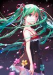  1girl cherry_blossoms dress floating_hair flower from_side green_eyes green_hair hair_ribbon hatsune_miku long_hair looking_at_viewer mimi_n petals ribbon solo twintails very_long_hair vocaloid 
