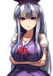  1girl berabou blue_dress blue_hair breast_hold breasts cleavage collarbone crossed_arms dress hat kamishirasawa_keine large_breasts long_hair multicolored_hair puffy_short_sleeves puffy_sleeves red_eyes short_sleeves silver_hair solo touhou two-tone_hair very_long_hair 
