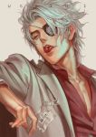  1boy axis04 between_fingers blazer brown_eyes collarbone collared_shirt copyright_name eyepatch food food_in_mouth fruit grey_jacket half-closed_eyes holding jacket lips long_sleeves looking_away madarame_baku male_focus mouth_hold one_eye_covered red_shirt shirt silver_hair simple_background solo sweets teeth tongue tongue_out umeboshi upper_body usogui 