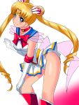  1girl bishoujo_senshi_sailor_moon blonde_hair blue_eyes boots bow choker cowboy_shot double_bun elbow_gloves gloves hair_ornament hairpin highres knee_boots long_hair looking_at_viewer magical_girl panties pleated_skirt purple_bow red_boots red_bow sailor_collar sailor_moon shiny shiny_skin skirt smile solo super_sailor_moon tiara tsukino_usagi twintails underwear upskirt warabimochi_(pixiv) white_background white_gloves white_panties 