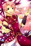  1boy alternate_costume asymmetrical_clothes beckoning blue_eyes cherry_blossoms chinese_clothes idolmaster idolmaster_side-m kabuto_daigo looking_at_viewer male_focus nemurakko open_mouth outstretched_hand petals pink_hair smile solo teeth 