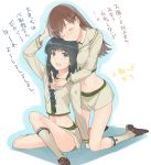  2girls 3u bangs blunt_bangs blush braid brown_shoes closed_eyes crop_top crop_top_overhang groin hair_over_shoulder hug hug_from_behind kantai_collection kitakami_(kantai_collection) kneeling long_hair long_sleeves midriff miniskirt multiple_girls navel neckerchief ooi_(kantai_collection) open_mouth school_uniform serafuku shoes single_braid sitting skirt tears translation_request yuri 