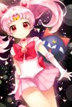  1girl bishoujo_senshi_sailor_moon bow brooch chibi_usa choker cowboy_shot double_bun elbow_gloves gloves hair_ornament hairpin jewelry looking_at_viewer luna-p magical_girl matatabi_dango pink_hair pink_skirt pleated_skirt red_bow red_eyes sailor_chibi_moon sailor_collar short_hair skirt smile solo tiara twintails white_gloves 