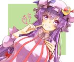  1girl blue_ribbon breasts crescent crescent_hair_ornament dress finger_to_face frilled_sleeves frills hair_ornament hair_ribbon hat hat_ribbon large_breasts long_hair mob_cap pajamas patchouli_knowledge purple_hair red_ribbon ribbon sketch smile solo striped striped_dress teeth touhou varyu violet_eyes 
