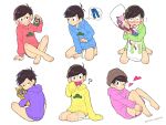  6+boys :&lt; :d ;3 ? beer_can black_eyes black_hair blush bottomless brothers cat dakimakura_(object) esper_nyanko grin hashimoto_nyaa heart hood hoodie male_focus matsuno_choromatsu matsuno_ichimatsu matsuno_juushimatsu matsuno_karamatsu matsuno_osomatsu matsuno_todomatsu multiple_boys nightcat one_eye_closed open_mouth osomatsu-kun osomatsu-san pants pillow siblings sleeves_past_wrists smile thought_bubble 