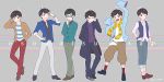  6+boys :d ;3 black_eyes black_hair brothers cardigan coat copyright_name glasses grin hand_in_pocket male_focus matsuno_choromatsu matsuno_ichimatsu matsuno_juushimatsu matsuno_karamatsu matsuno_osomatsu matsuno_todomatsu multiple_boys necktie nightcat one_eye_closed open_mouth osomatsu-kun osomatsu-san scarf siblings sleeves_past_wrists smile 