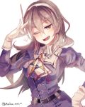  1girl ;d ashigara_(kantai_collection) brown_eyes brown_hair cis_(carcharias) commentary_request fangs gloves hairband kantai_collection long_hair one_eye_closed open_mouth remodel_(kantai_collection) smile solo uniform wavy_hair 