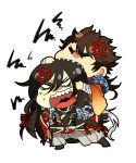  2boys anger_vein angry armor biting black_hair brown_hair chibi closed_eyes izumi-no-kami_kanesada japanese_armor japanese_clothes male_focus multiple_boys mutsu-no-kami_yoshiyuki sharp_teeth shoda_(straight62) simple_background sode teeth touken_ranbu white_background 