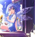  1girl absurdres bangs blue_bow blue_dress blue_eyes blue_hair blue_sky bow bowtie breasts cirno clouds cloudy_sky collar collared_shirt dress eating eyebrows_visible_through_hair flower food from_side fruit grass hair_between_eyes hand_up highres ice ice_cream ice_wings leaf light looking_at_viewer medium_breasts open_mouth puffy_short_sleeves puffy_sleeves qqqq542 red_bow red_bowtie shadow shirt short_hair short_sleeves sitting sky solo stairs sunflower sunlight teeth touhou wall watermelon white_shirt window wings 