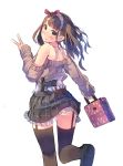  1girl :3 ass bag bangs bare_shoulders blunt_bangs blush bow brown_eyes brown_hair brown_legwear brown_shoes closed_mouth daito eyebrows eyebrows_visible_through_hair frilled_skirt frills from_behind garter_straps gsh-18 gun hair_bow hairband hand_gesture handbag handgun holding kneepits loafers long_hair long_sleeves looking_back off-shoulder_sweater original pistol polka_dot red_bow sheath sheathed shoes simple_background skirt sleeves_past_wrists smile solo sweater tareme thigh-highs twintails upskirt v walking weapon white_background 