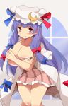  1girl blush breasts capelet cleavage collarbone crescent dress hair_ribbon hat highres large_breasts long_hair looking_at_viewer mob_cap mukuroi patchouli_knowledge purple_hair red_eyes ribbon short_dress solo striped striped_dress touhou tress_ribbon 