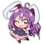  1girl ahoge aiming_at_viewer animal_ears blazer bwell chibi finger_gun jacket long_hair looking_at_viewer necktie one_eye_closed open_mouth pointing pointing_at_viewer purple_hair rabbit_ears red_eyes reisen_udongein_inaba shirt skirt smile solo touhou very_long_hair 