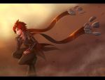  1girl cape commentary green_eyes highres league_of_legends redhead sand short_hair solo squatting stone taliyah tsugumi_(artist) wind 
