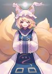  1girl ainy77 animal_ears blonde_hair dress fox_ears fox_tail hands_in_sleeves hat long_sleeves looking_at_viewer mob_cap multiple_tails short_hair smile solo tabard tail touhou white_dress wide_sleeves yakumo_ran 