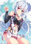  1girl ahoge arm_warmers breasts center_opening cleavage collar dress hair_between_eyes hair_rings hand_on_own_chest long_hair looking_at_viewer matoi_(pso2) milkpanda open_mouth phantasy_star phantasy_star_online_2 red_eyes silver_hair solo twintails 