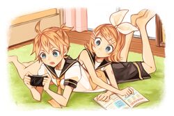  1boy 1girl blonde_hair blue_eyes book bow brother_and_sister hair_bow hair_ornament hair_ribbon hairclip hairpin handheld_game_console highres indoors kagamine_len kagamine_rin kashu! necktie playstation_portable puffy_short_sleeves puffy_sleeves ribbon sailor_collar short_sleeves shorts siblings sleeveless treble_clef twins vocaloid 