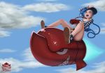  1girl bag blue_hair braid clouds earrings hat jewelry jinx_(league_of_legends) league_of_legends long_hair open_mouth philip_maslennikov red_eyes rocket shoes shorts sky sneakers solo striped 