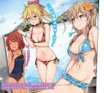  3girls ass_visible_through_thighs ayakashi_rotenshou_tikitaka bikini blonde_hair blue_bikini blue_eyes blurry blush bow breast_hold breasts character_request charles_(ayakashi_rotenshou_tikitaka) choker cleavage cozyquilt dark_skin depth_of_field fang flower frilled_bikini frills front-tie_bikini front-tie_top groin hair_between_eyes hair_bow hair_flower hair_ornament hand_on_own_chest highres jewelry kamikura_aoi light_brown_hair long_hair multiple_girls navel necklace nose_blush outdoors ponytail rarura_(ayakashi_rotenshou_tikitaka) red_bikini redhead scan school_swimsuit side-tie_bikini small_breasts smile standing swimsuit translation_request wristband yellow_eyes 