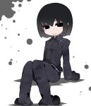 1girl alternate_costume black_eyes black_hair blush_stickers butterfly_print buttons closed_mouth full_body hammer_(sunset_beach) knees_together_feet_apart long_sleeves looking_at_viewer looking_to_the_side monogatari_(series) oshino_ougi pajamas short_hair simple_background sitting sleeves_past_wrists smile solo white_background wing_collar 