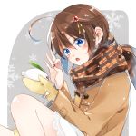  1girl aoi_ari blue_eyes braid brown_hair hair_flaps hair_ornament kantai_collection long_hair plaid plaid_scarf remodel_(kantai_collection) scarf shigure_(kantai_collection) single_braid snow_bunny snowflakes solo 