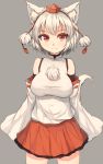 1girl animal_ears breasts detached_sleeves hat highres inubashiri_momiji large_breasts looking_at_viewer miniskirt pom_pom_(clothes) red_eyes shone short_hair simple_background skirt smile solo tail tokin_hat touhou white_hair wide_sleeves wolf_ears wolf_tail 