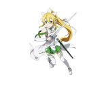  1girl asuna_(sao) asuna_(sao)_(cosplay) blonde_hair cosplay detached_sleeves green_eyes green_skirt hair_ornament highres holding holding_sword holding_weapon leafa long_hair official_art pleated_skirt pointy_ears ponytail simple_background skirt smile solo sword sword_art_online sword_art_online:_code_register thigh-highs weapon white_background white_legwear 