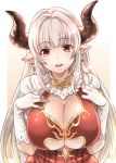  1girl alicia_(granblue_fantasy) blush breasts center_opening cleavage dress earrings gloves granblue_fantasy horns jewelry large_breasts long_hair looking_at_viewer mushi024 open_mouth pointy_ears red_eyes silver_hair solo white_gloves 