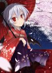  1girl akisome_hatsuka alternate_costume bat_wings cherry_blossoms colored_eyelashes floral_print hakama japanese_clothes jewelry kimono meiji_schoolgirl_uniform no_hat oriental_umbrella pendant petals red_eyes remilia_scarlet short_hair silver_hair smile solo touhou umbrella wings 