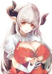  1girl alicia_(granblue_fantasy) blush breasts center_opening cleavage dress earrings gloves granblue_fantasy horns huge_breasts jewelry long_hair namanie open_mouth pointy_ears red_eyes silver_hair simple_background smile solo white_background white_gloves 