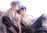  2boys blue_hair closed_eyes fang idolmaster idolmaster_side-m kizaki_ren leaning_on_person multiple_boys pillow sleeping taiga_takeru towel towel_around_neck undershirt white_hair yutaka_(yukitanu) 