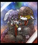  2girls animal_ears arm_around_shoulder black_border blonde_hair blush blush_stickers border coat crying dango flat_cap food formal hair_between_eyes hair_over_one_eye hat kneeling lavender_hair line_shading long_hair looking_at_viewer multiple_girls necktie one_eye_closed rabbit_ears red_eyes red_necktie reisen_udongein_inaba ringo_(touhou) sitting smile suenari_(peace) suit touhou very_long_hair wagashi wariza white_skin yellow_eyes 