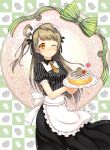  1girl ;) apron bangs blunt_bangs brown_hair cake commentary e_neko food fruit highres long_hair looking_at_viewer love_live!_school_idol_project maid maid_apron maid_headdress minami_kotori minami_kotori_(bird) necktie one_eye_closed one_side_up short_necktie smile solo strawberry striped vertical_stripes waist_apron yellow_eyes 