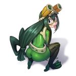  1girl :&gt; artist_name ass asui_tsuyu belt black_eyes black_hair blush bodysuit boku_no_hero_academia eyelashes frog_girl from_above from_behind gloves goggles goggles_on_head hair_rings long_hair looking_back low-tied_long_hair monster_girl potato_(sksnabi) shiny shiny_clothes simple_background skin_tight solo squatting tongue tongue_out white_background 