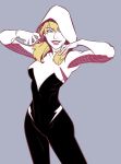  1girl blonde_hair blue_background blue_eyes bodysuit grin gwen_stacy hood lee_dajung looking_to_the_side marvel simple_background smile solo spider-gwen teeth 