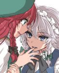  2girls asa_(coco) biting black_bow black_bowtie blue_eyes blush bow bowtie braid comic finger_biting frills frown green_eyes hair_bow hong_meiling izayoi_sakuya long_hair maid_headdress multiple_girls parted_lips profile redhead short_hair silent_comic teardrop tears touhou twin_braids upper_body wavy_mouth yuri 