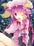  1girl blue_ribbon crescent crescent_hair_ornament dress frills hair_ornament hair_ribbon hat hat_ribbon long_hair mob_cap nikorashi-ka one_eye_closed open_mouth pajamas patchouli_knowledge purple_hair red_ribbon ribbon solo star striped striped_dress teeth touhou tress_ribbon violet_eyes 