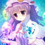  15_(tooka) 1girl blush bow capelet hat hat_bow long_hair mob_cap open_mouth patchouli_knowledge philosopher&#039;s_stone purple_hair solo touhou violet_eyes 