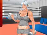  1girl 23_(real_xxiii) breasts breath brown_eyes collarbone dark_skin dumbbell exercise game_cg gym gym_uniform large_breasts short_hair silver_hair solo tan tanline weights wrestling_ring 