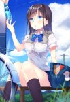  1girl bag bag_charm bench bicycle black_legwear blue_eyes blue_skirt blue_sky bookbag bottle brown_hair clouds glint grass ground_vehicle long_hair open_mouth original outdoors power_lines school_uniform shirt sitting skirt sky thigh-highs water_bottle white_shirt yuraiko 