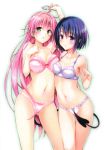  2girls :s absurdres ahoge arm_up ass_visible_through_thighs asymmetrical_docking blue_bra blue_hair blue_panties blush body_blush bow bow_panties bra breast_press breasts cleavage contrapposto demon_tail green_eyes halftone highres lala_satalin_deviluke long_hair multiple_girls navel panties parted_lips pink_bra pink_hair pink_panties sairenji_haruna scan short_hair tail to_love-ru underwear underwear_only very_long_hair violet_eyes yabuki_kentarou 