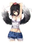  1girl arm_behind_head armpits arms_up bad_id bangs bei_mochi black_hair black_wings camisole cutoffs hat highres midriff mouth_hold navel orange_eyes pencil pom_pom_(clothes) shameimaru_aya short_hair short_shorts shorts simple_background solo tokin_hat touhou white_background wings 