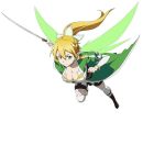  1girl blonde_hair breasts cleavage collar collarbone green_eyes hair_ornament highres holding holding_sword holding_weapon leafa long_hair official_art pointy_ears ponytail simple_background solo sword sword_art_online sword_art_online:_code_register weapon white_background white_legwear 